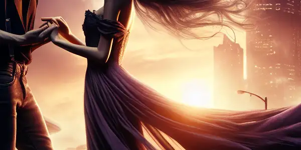 A passionate moment between two lovers in a bustling urban setting at dusk, embodying longing and intensity.