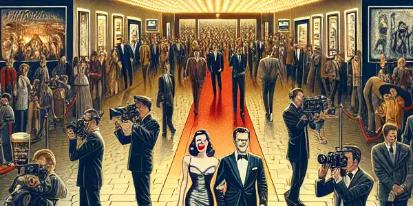 A vibrant film festival scene showcasing the contrast between traditional cinema and adult films, with glamorous attendees and intimate screenings.