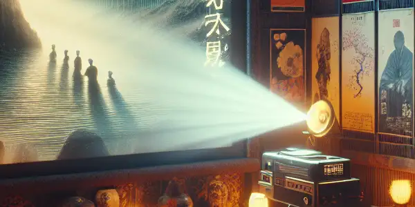 A vintage screening room showcasing 1980s Japanese adult film posters, with soft lighting and abstract visuals on screen.