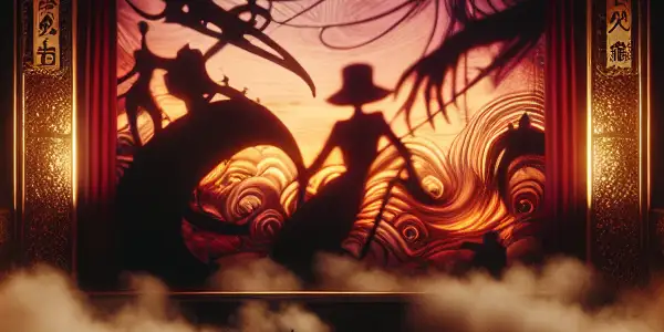 A dimly lit theater with plush red seats, an ornate screen, and shadows hinting at mysterious cinema themes.