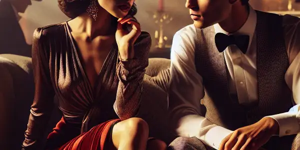 An elegant woman and a captivated young man share a dramatic, intimate moment in a cozy living room.