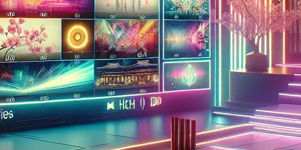 A futuristic home theater displaying vibrant movie thumbnails inspired by Japanese culture in a cozy, luxurious setting.