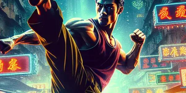 A dynamic martial arts scene featuring Yuan Biao in an intense fight amidst neon-lit 1980s Hong Kong streets.