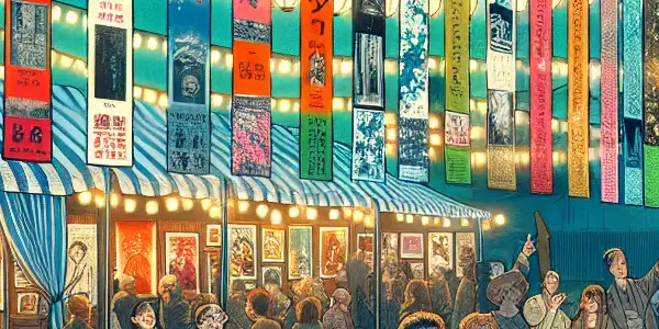 A vibrant outdoor film festival celebrating Japanese cinema, featuring diverse moviegoers, lanterns, and cherry blossoms at dusk.