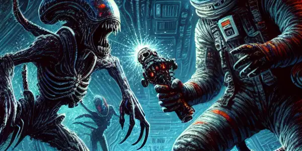 A lone protagonist in a dark spaceship corridor faces grotesque alien creatures amidst technological decay and eerie lighting.