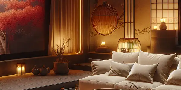 Cozy home cinema with a plush couch, large screen, Japanese decor, warm lighting, and romantic adult film visuals.