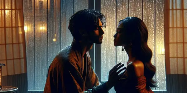 A romantic encounter between two characters in a dimly lit room during a rainy night.