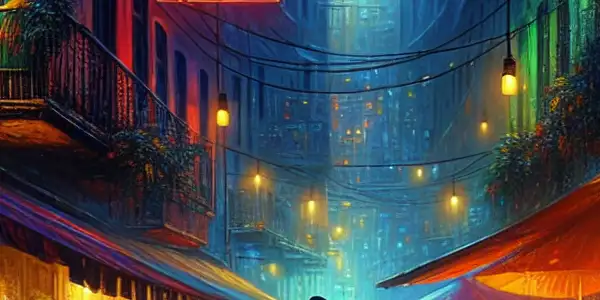 A vibrant urban café scene at twilight, capturing intimate conversations and themes of love amidst colorful street art.