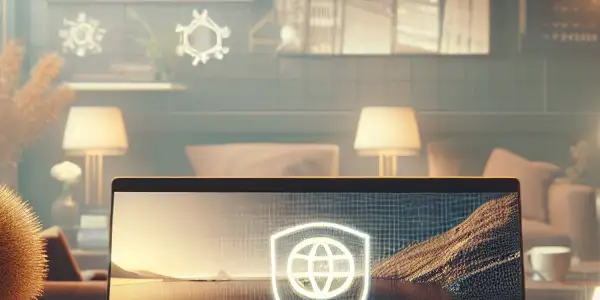 A cozy home office with a laptop, secure browsing interface, and tasteful elements suggesting safe adult content consumption.