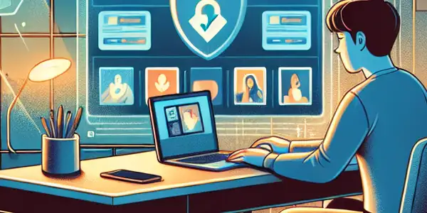 A cozy home office with a person browsing a secure, organized collection of adult videos on a laptop.<a href=