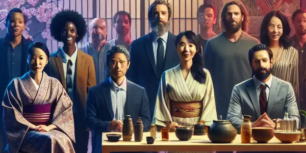 A behind-the-scenes glimpse of a diverse group of actors preparing on a modern Japanese adult film set.