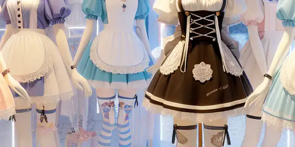A vibrant boutique display featuring stylish Japanese AV costumes, including a nurse uniform and maid outfit, in a playful atmosphere.