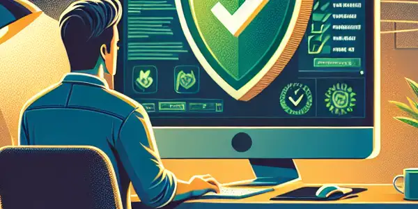 A cozy home office scene featuring a user browsing a safe video streaming platform for Japanese adult content.