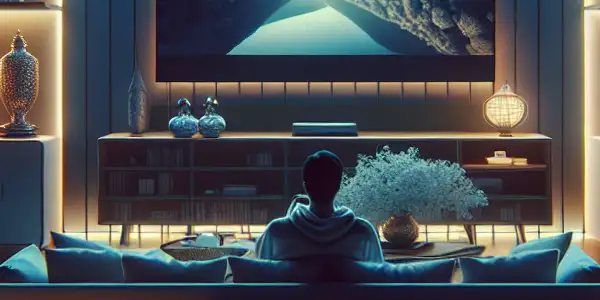 A cozy home theater scene with a person watching adult content, emphasizing safety and privacy features.