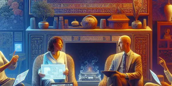 A cozy room with diverse individuals discussing safe adult film sharing, featuring a large screen and digital devices.