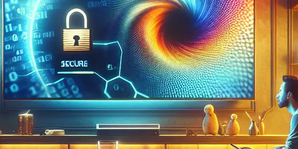 A cozy living room scene with a person relaxing and enjoying adult content on a digital device, emphasizing safety and comfort.