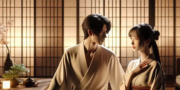 A dimly lit Japanese apartment scene featuring two characters in a flirtatious interaction, conveying intimacy and intrigue.