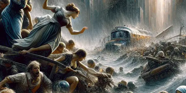 A chaotic urban landscape in a massive flood, with survivors battling against the elements amidst disaster.