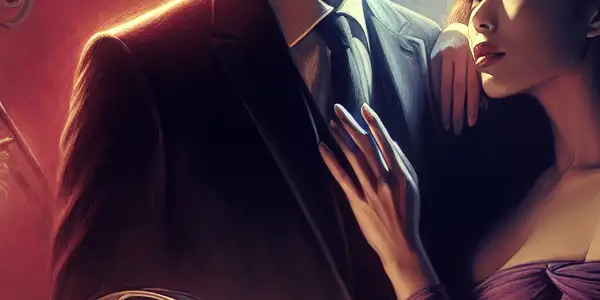 A couple shares an intimate moment in a warm, moody film studio, surrounded by filmmaking elements.