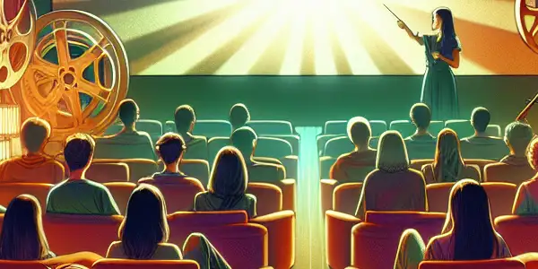 A cozy private viewing room showcasing a diverse group watching adult films, surrounded by Japanese AV culture elements.