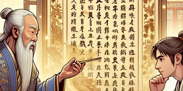 Confucius engages in a thoughtful conversation with a student in a vibrant, culturally blended classroom setting.