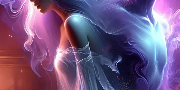 A mystical scene of two characters exchanging souls in a dimly lit, intimate room filled with swirling mist.