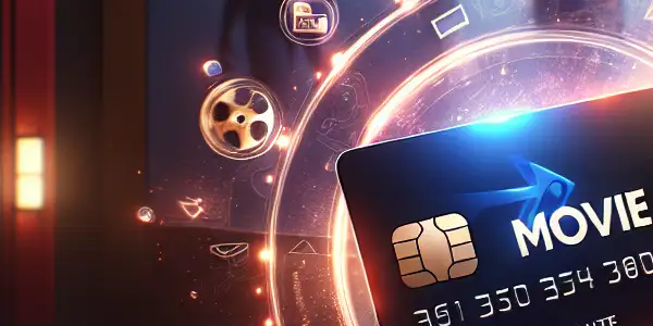 A modern "电影卡" (Movie Card) in a luxurious cinema setting, surrounded by elements of adult film genres.