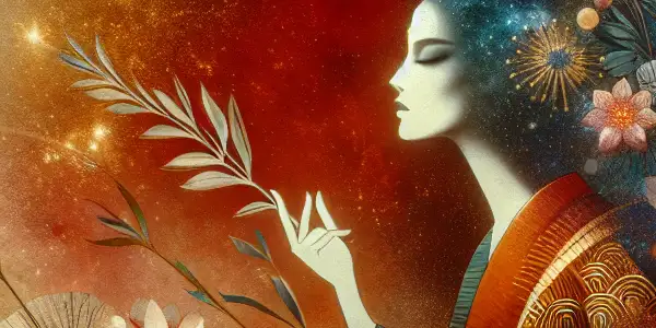 A graceful female figure surrounded by artistic human anatomy, blending beauty with elements of Japanese aesthetics and cinematic motifs.