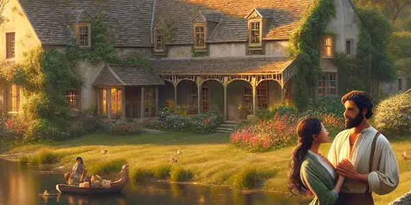 A romantic couple embraces in a picturesque countryside villa, surrounded by lush hills and vibrant flowers.