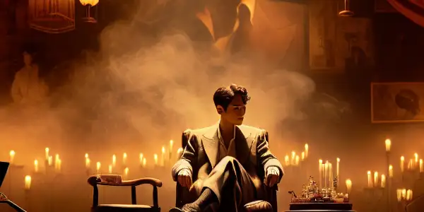 An intimate film set featuring a charismatic male actor, surrounded by cinematic elements, evoking passion and mystery.