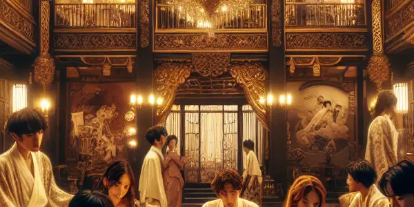 A luxurious mansion scene with young adults expressing intimacy and desire in a romantic, elegantly designed setting.