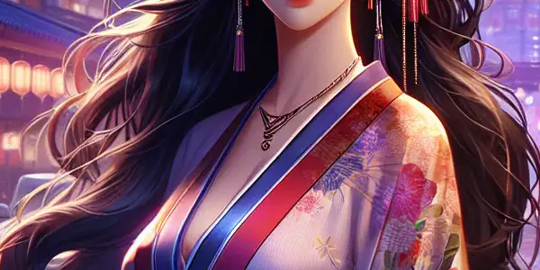 A confident young woman in a vibrant kimono stands in a lively urban landscape, blending tradition and modernity.