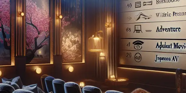 A luxurious private cinema room with plush seating, ambient lighting, and a high-definition screen featuring abstract adult film elements.